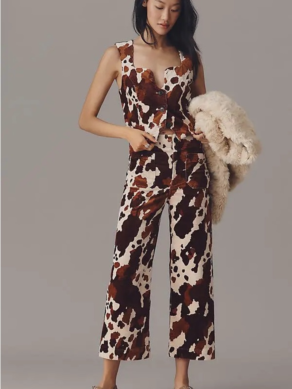 Maeve Anthropologie Cow Print Button-Front Vest Crop Top Small NWT New Corduroy - Picture 3 of 4
